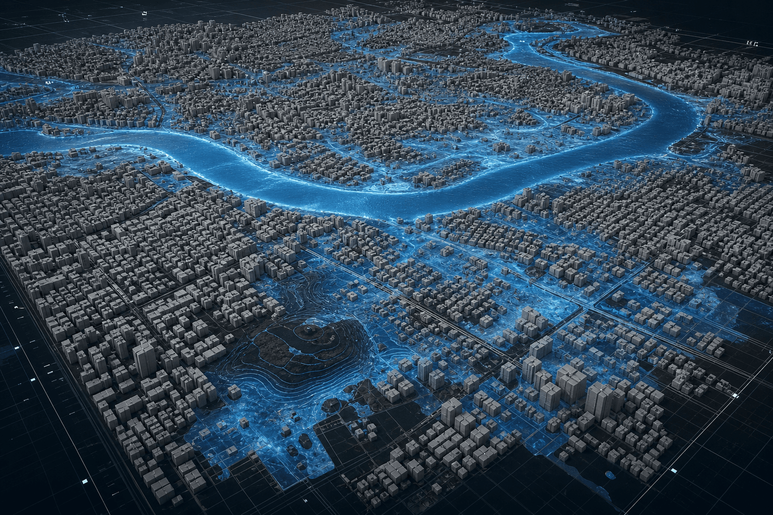Urban digital twin with flood water overlaid on a city